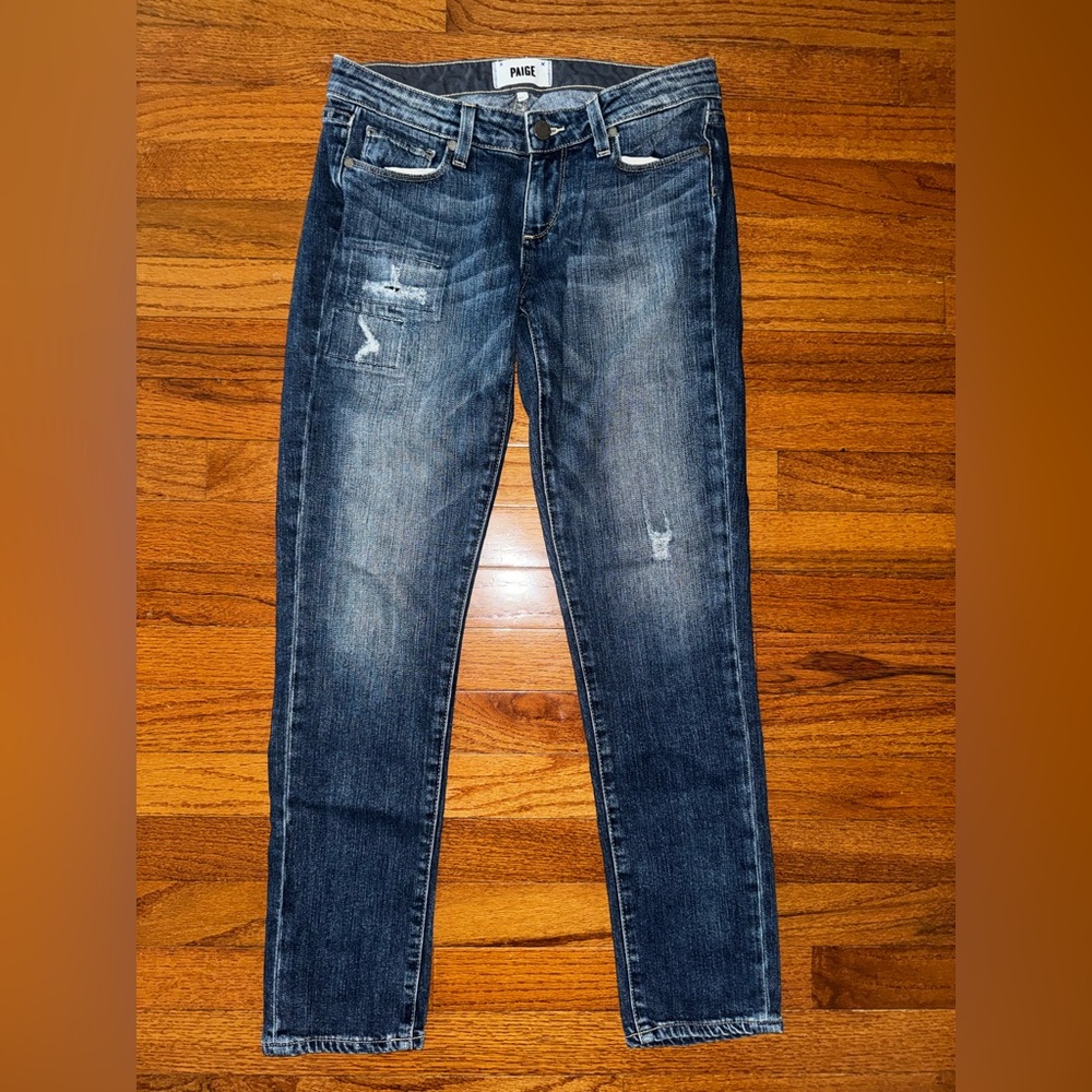 PAIGE Dark Wash Distressed Skinny Jeans